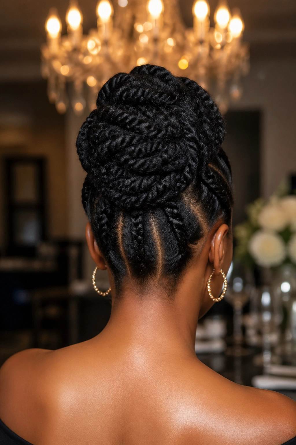 Back view of real woman with flat twist Marley updo