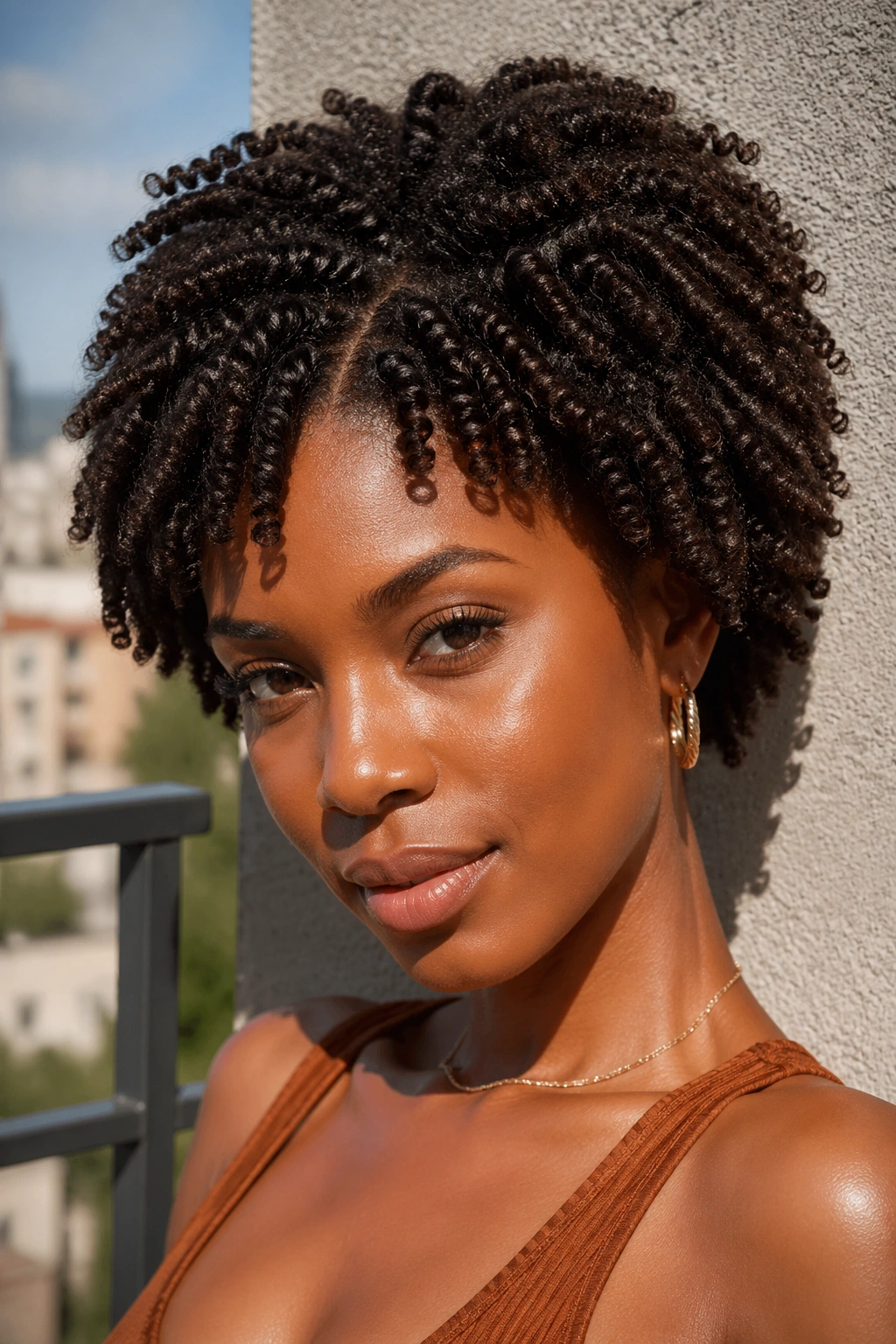 Portrait of a real woman with a flat twist-out shape under natural sunlight
