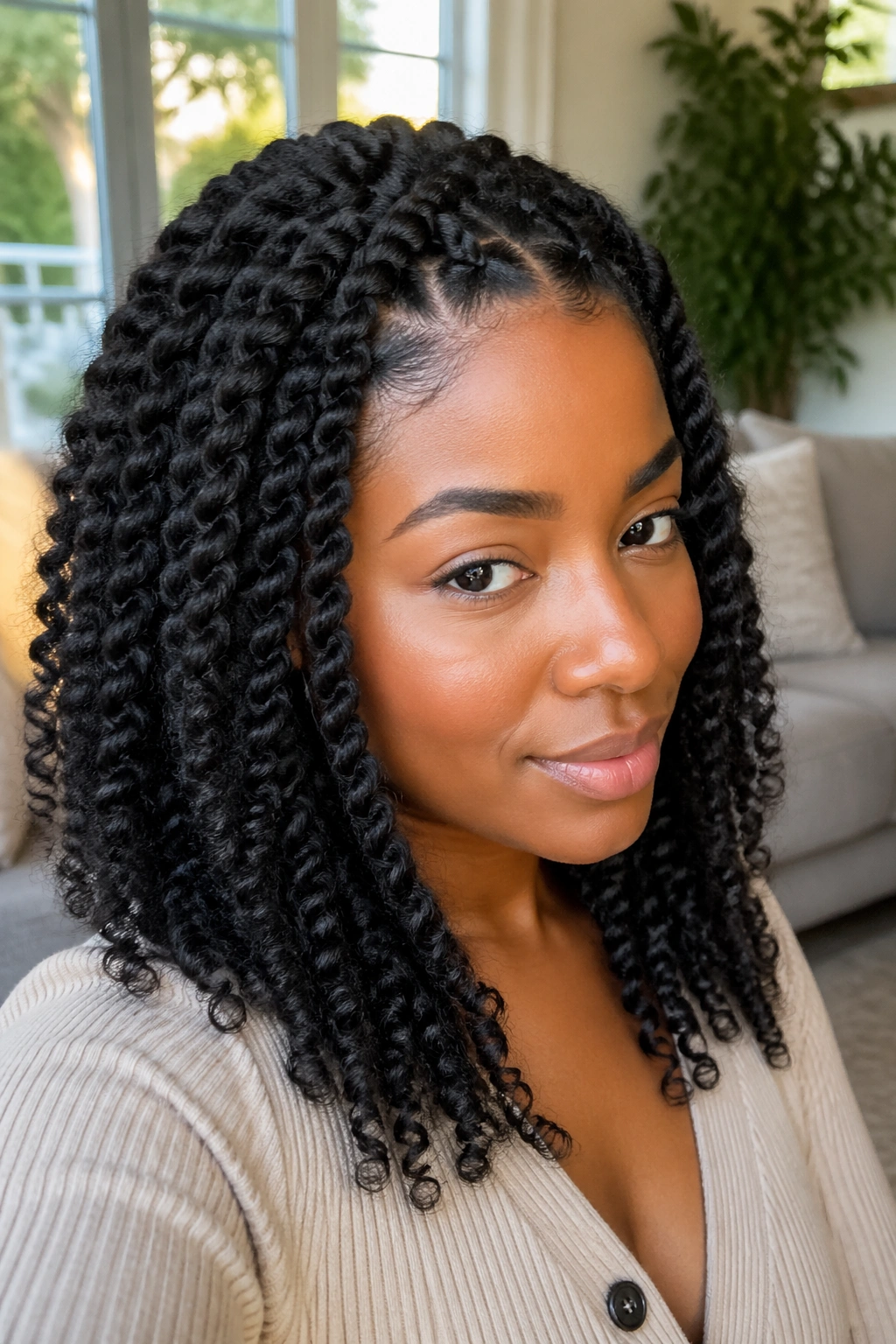 Close-up of a woman with stretched flat twist-out hairstyle.