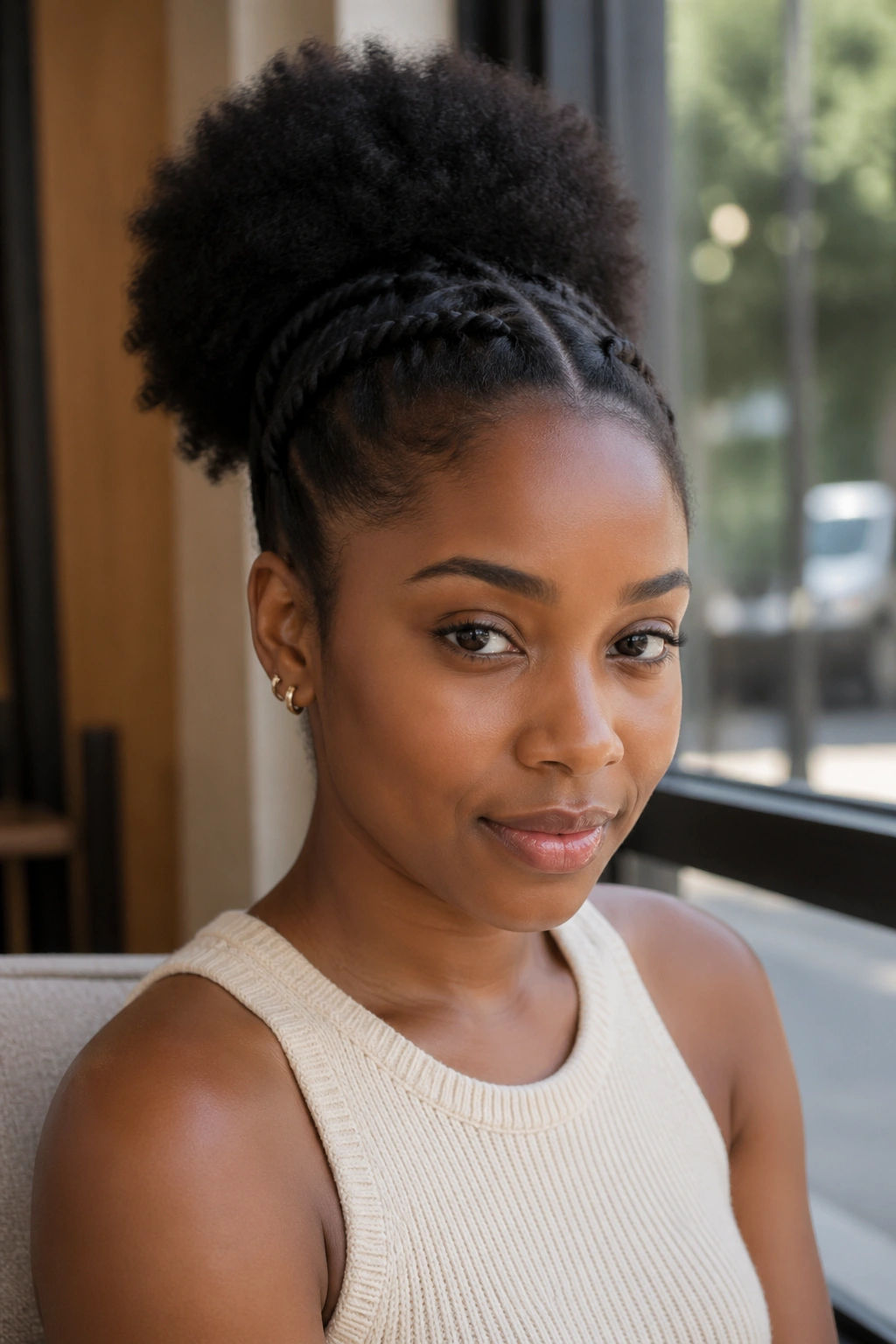 Portrait of a woman showing flat twist front and puff at the back
