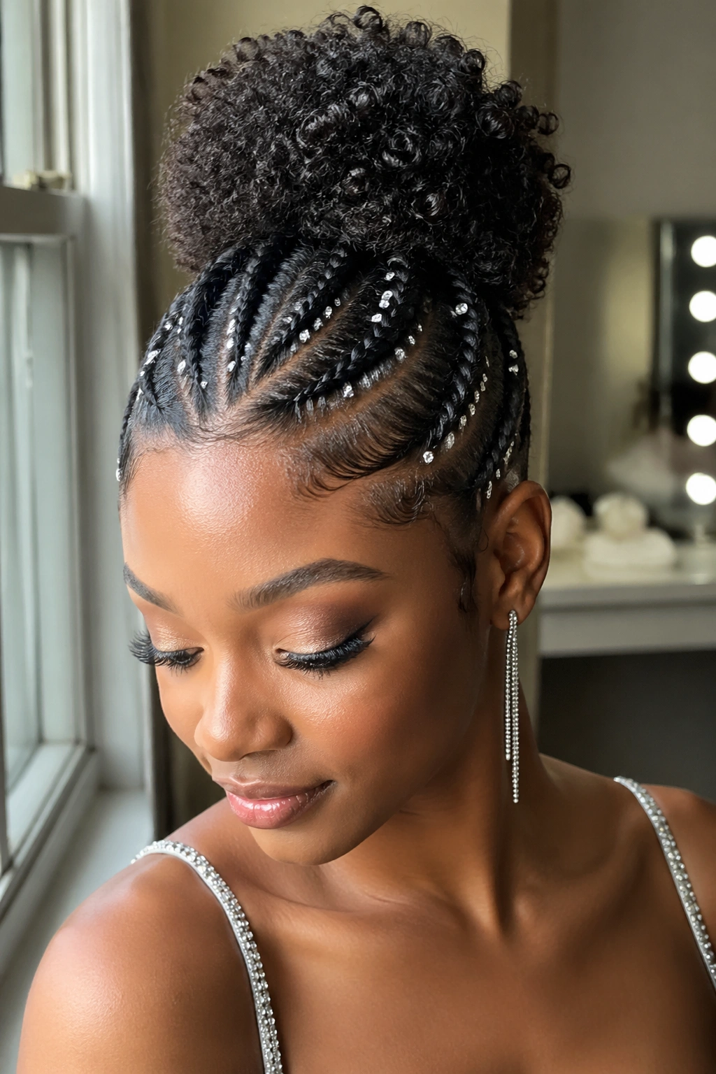 Close-up of real woman with flat twists and a rhinestone-adorned puff