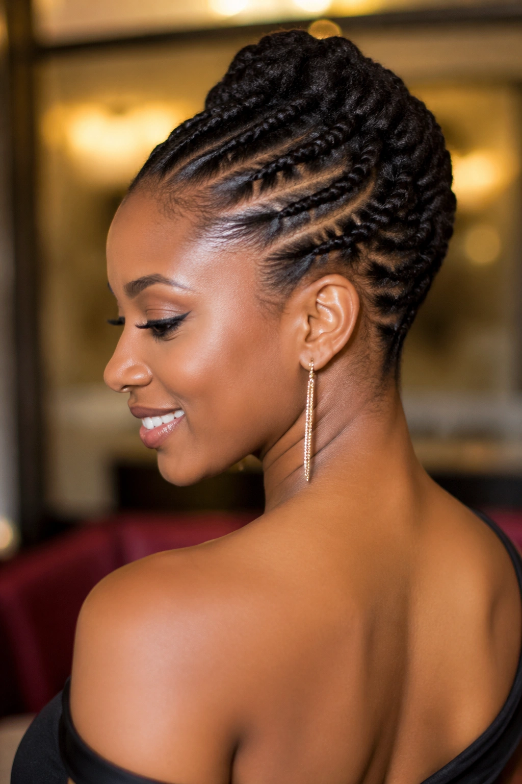 Close-up of flat-twist updo exposing the neckline