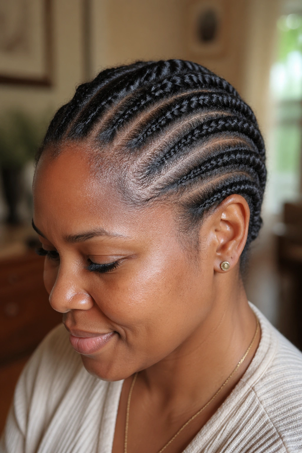 Close-up of real woman with flat twists running back along the scalp