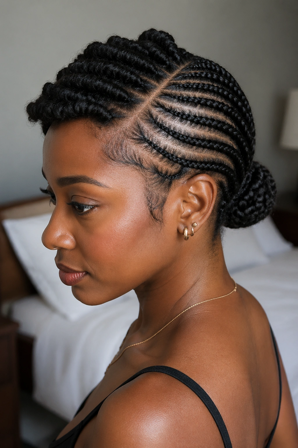 Real woman with flat twists on one side and cornrows on the other, gathered into a centered low bun.