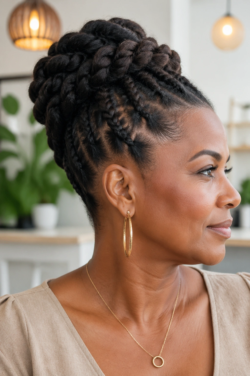 Close-up of flat-twist crown updo on a real woman