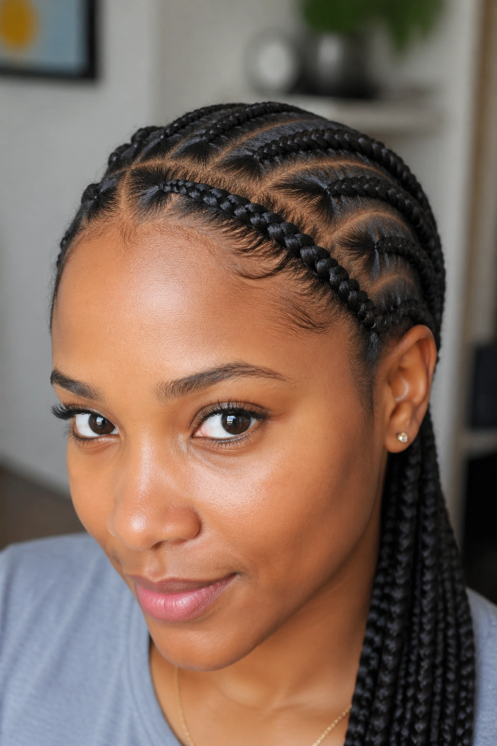 Frontal close-up of cornrows with flat twists at the front