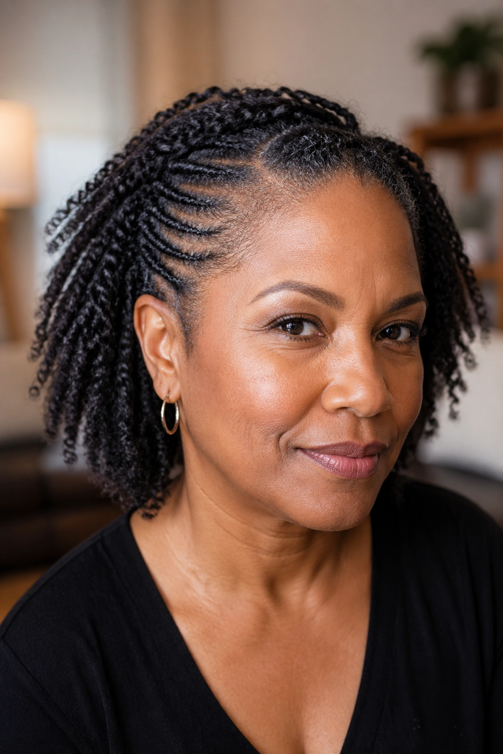 Portrait of a real woman with flat twists along the perimeter and loose interior
