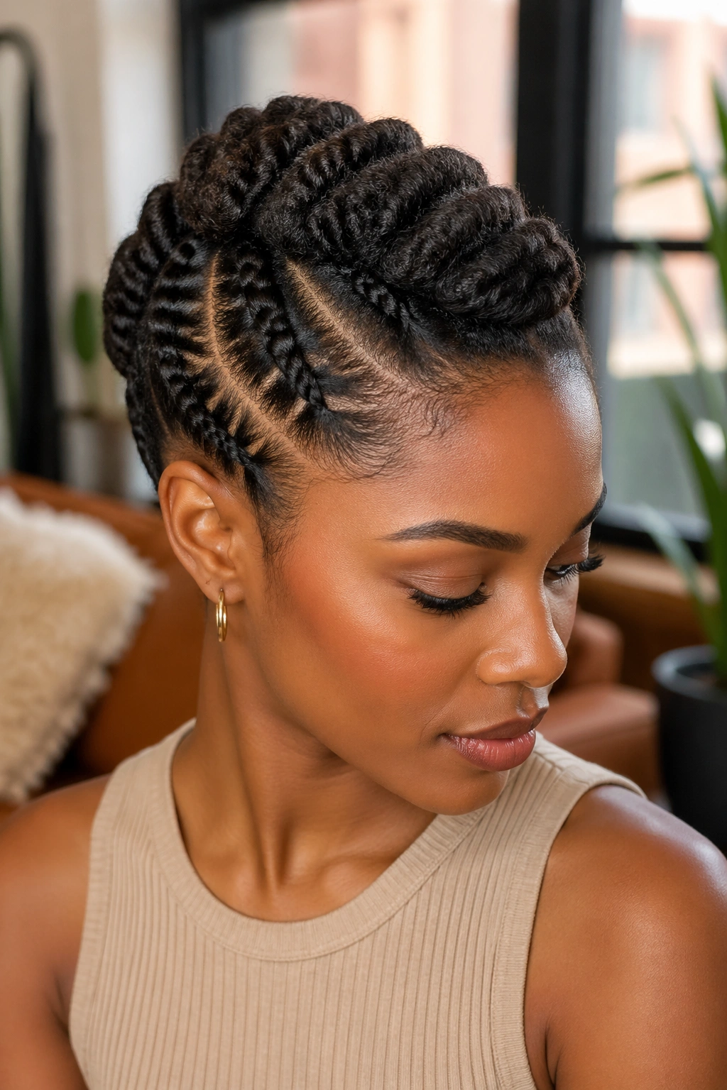 Close-up of a real woman with flat twists rolled toward the crown.