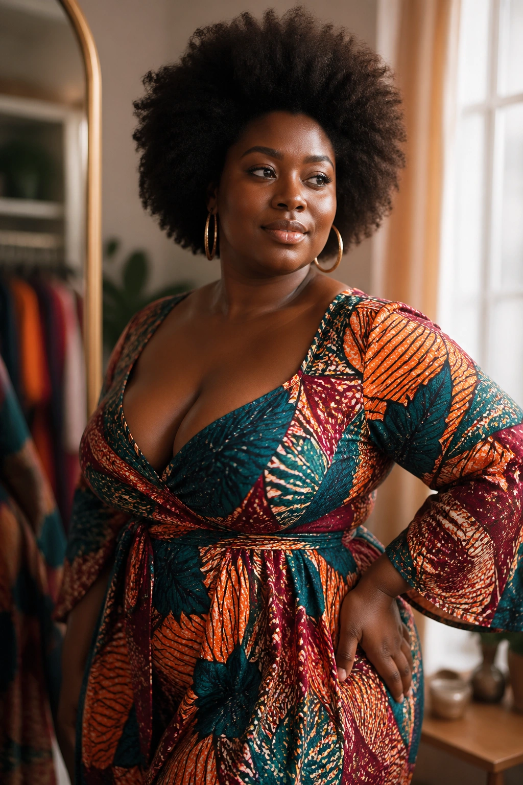 Close-up portrait of a real Afro woman in a vibrant, well-fitting dress that flatters her curves