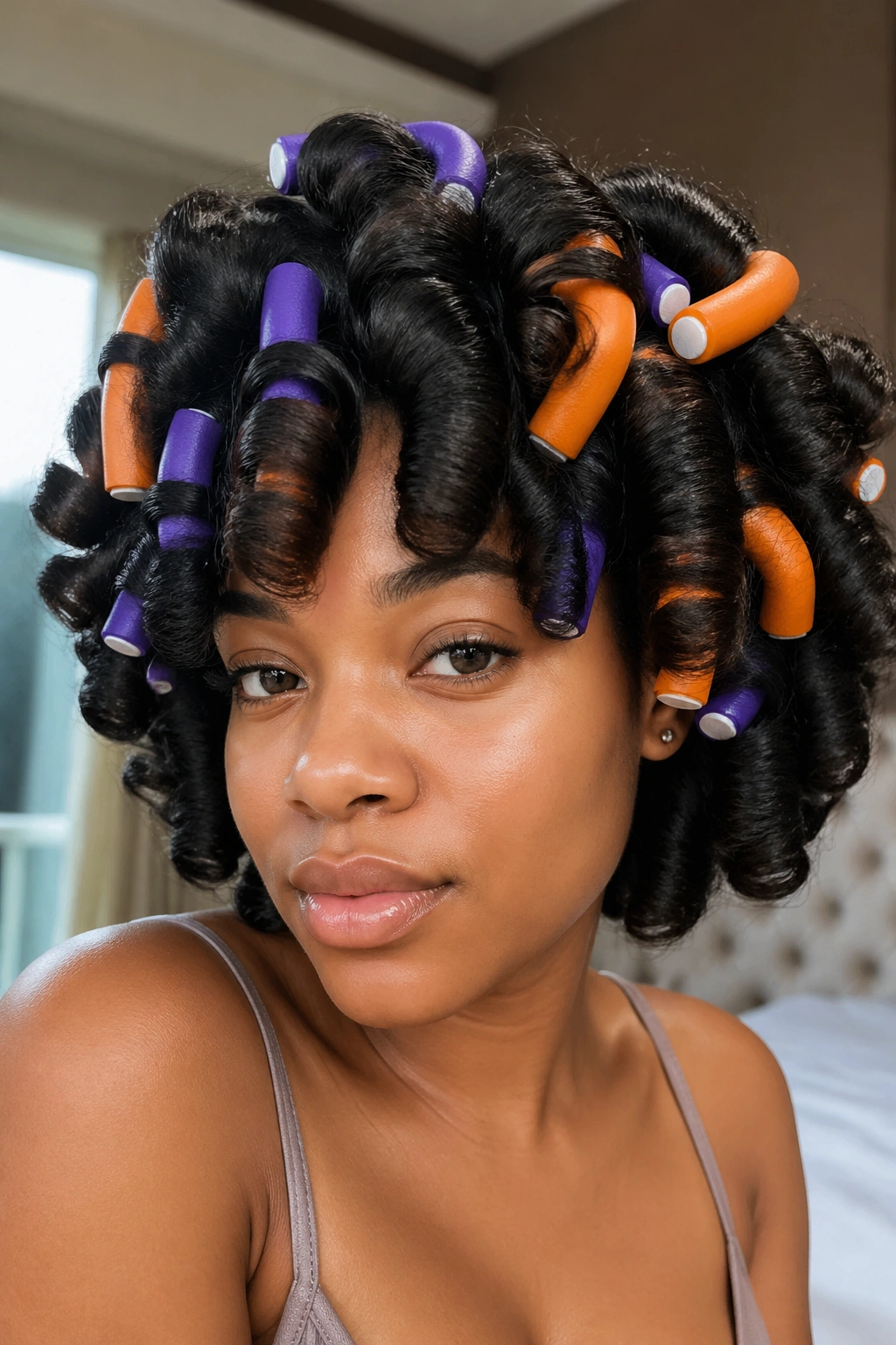 Close-up of a real woman with flexi rod curls creating bombshell volume