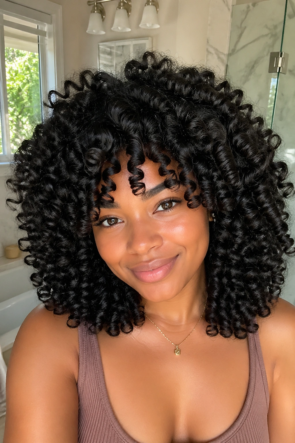 Close-up of a real woman with flexi-rod styled curls.