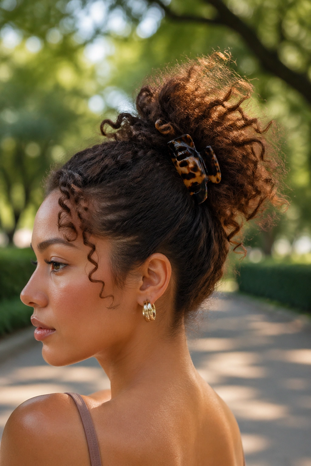 Close-up of a real woman with flipped-end claw clip ponytail outdoors