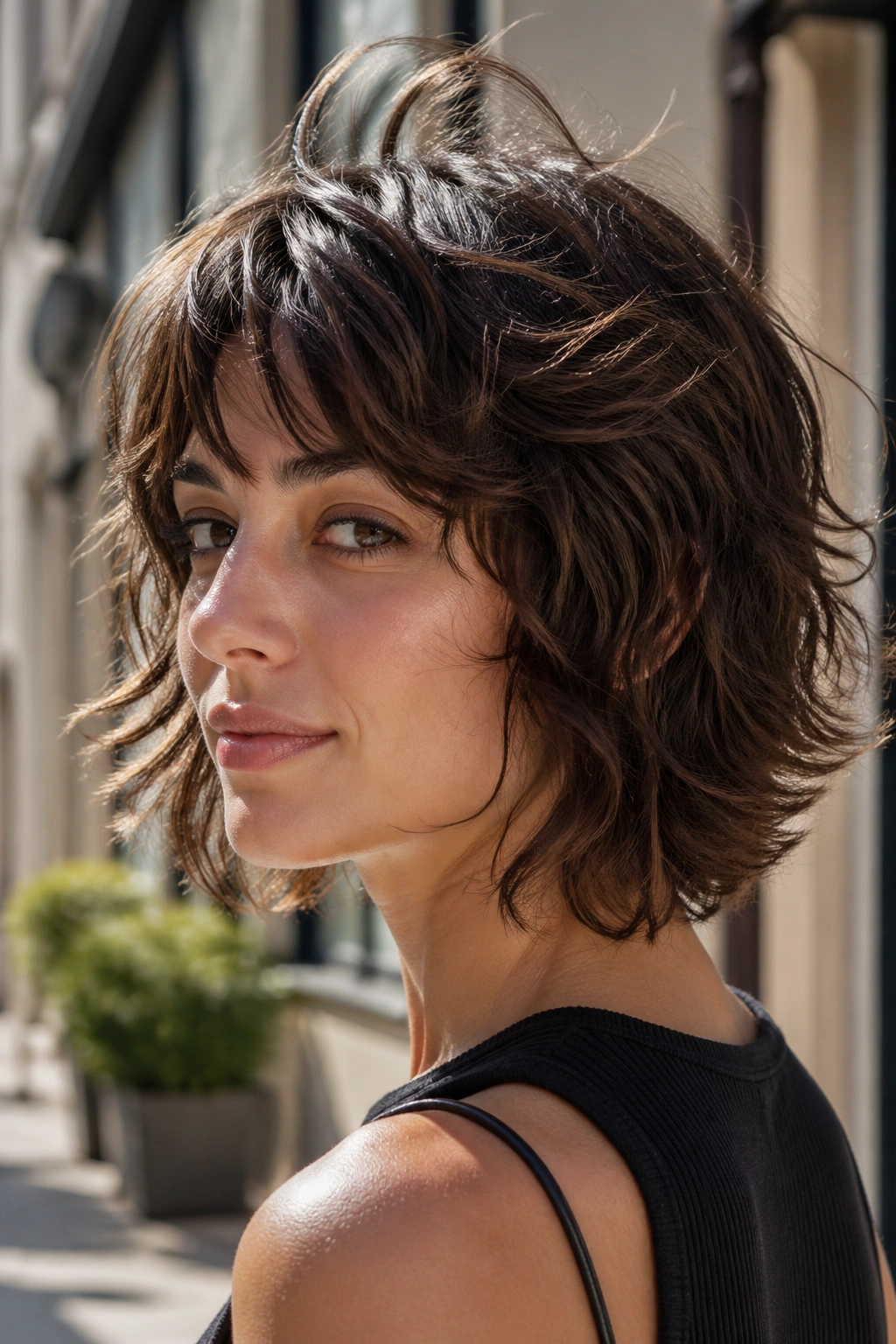 Portrait of real person with flipped-out wavy shag outdoors