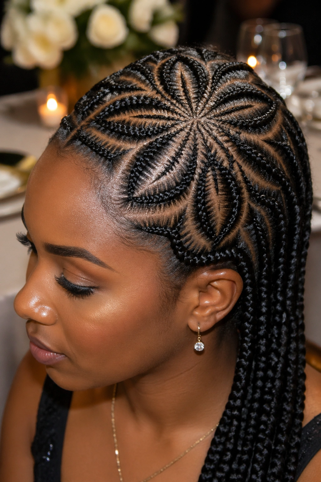 Close-up of a real woman with a floral motif cornrow design