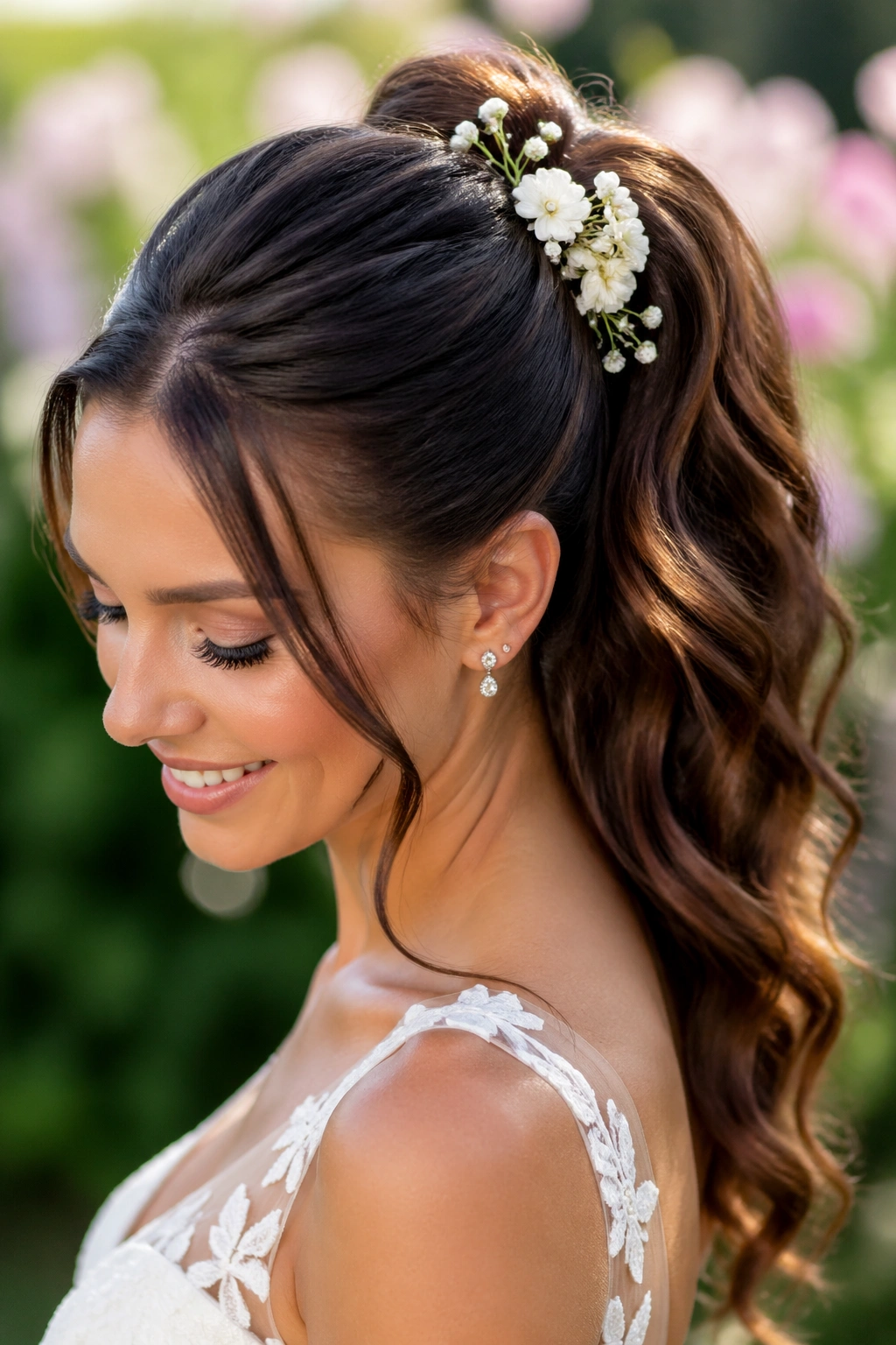 Bride's high ponytail with floral pins in garden setting