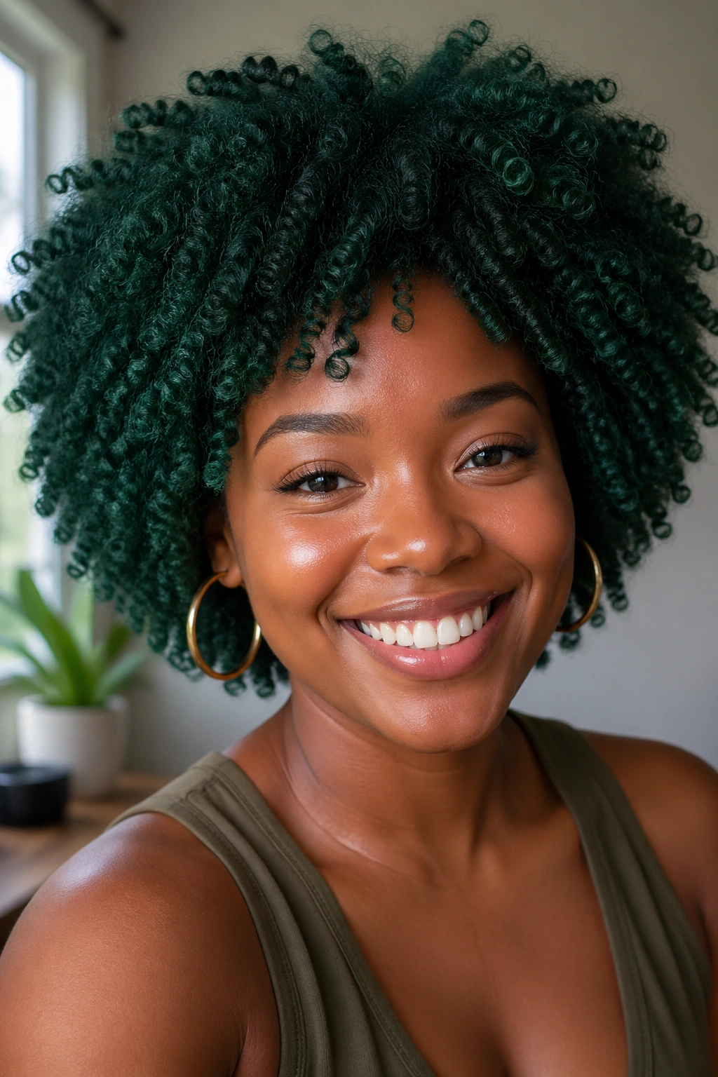 Close-up of a real person with forest green 4C curls filling the frame.
