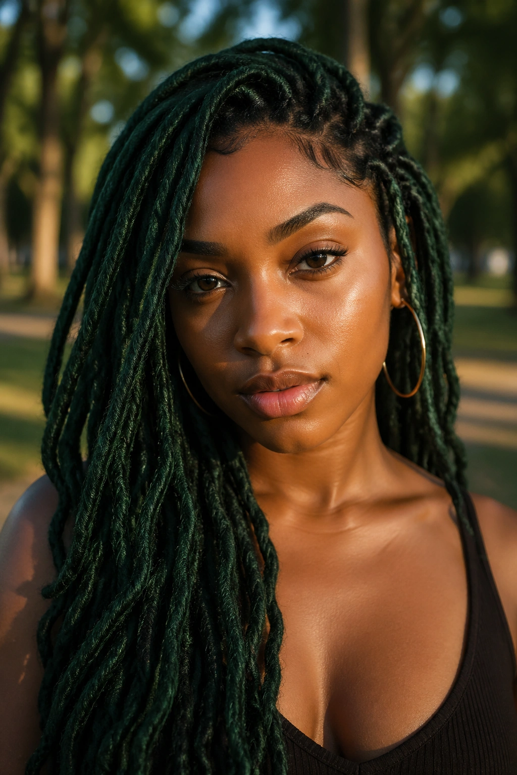 Close-up of a real person with forest green locs in a park during golden hour