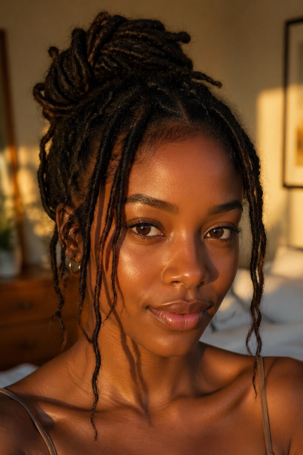 Close-up of a real woman with freeform loc bun and tendrils