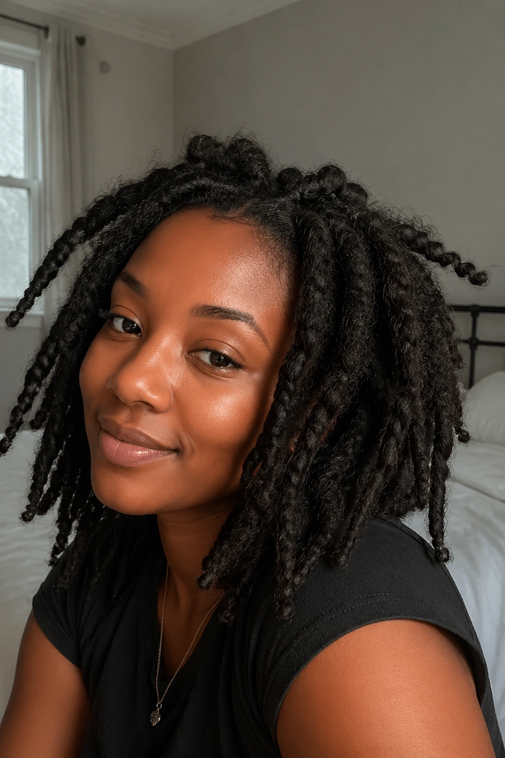 Real person with freeform Marley twist locs in a cozy bedroom