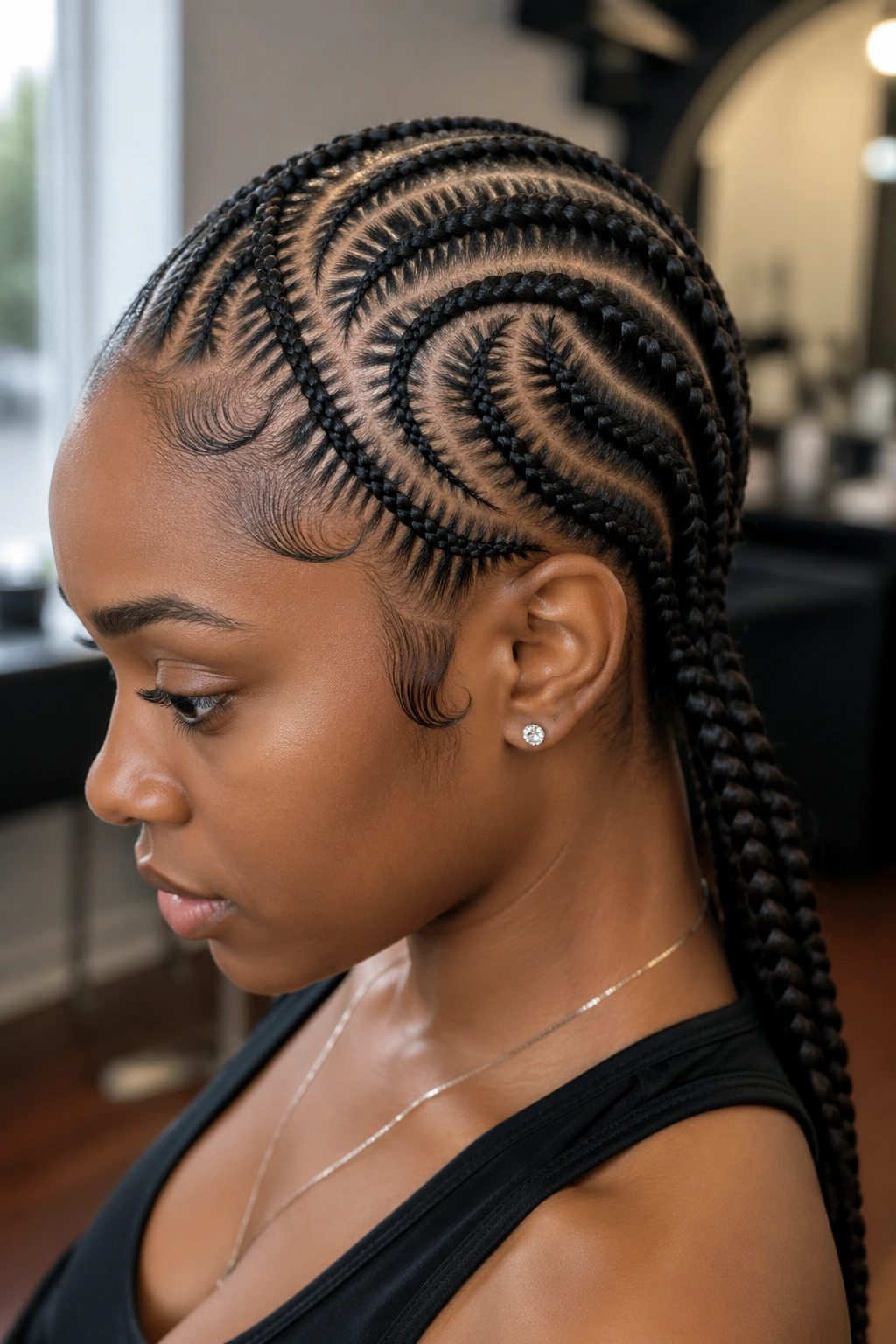 Close-up portrait of a real person with organic curved freehand cornrows on the scalp