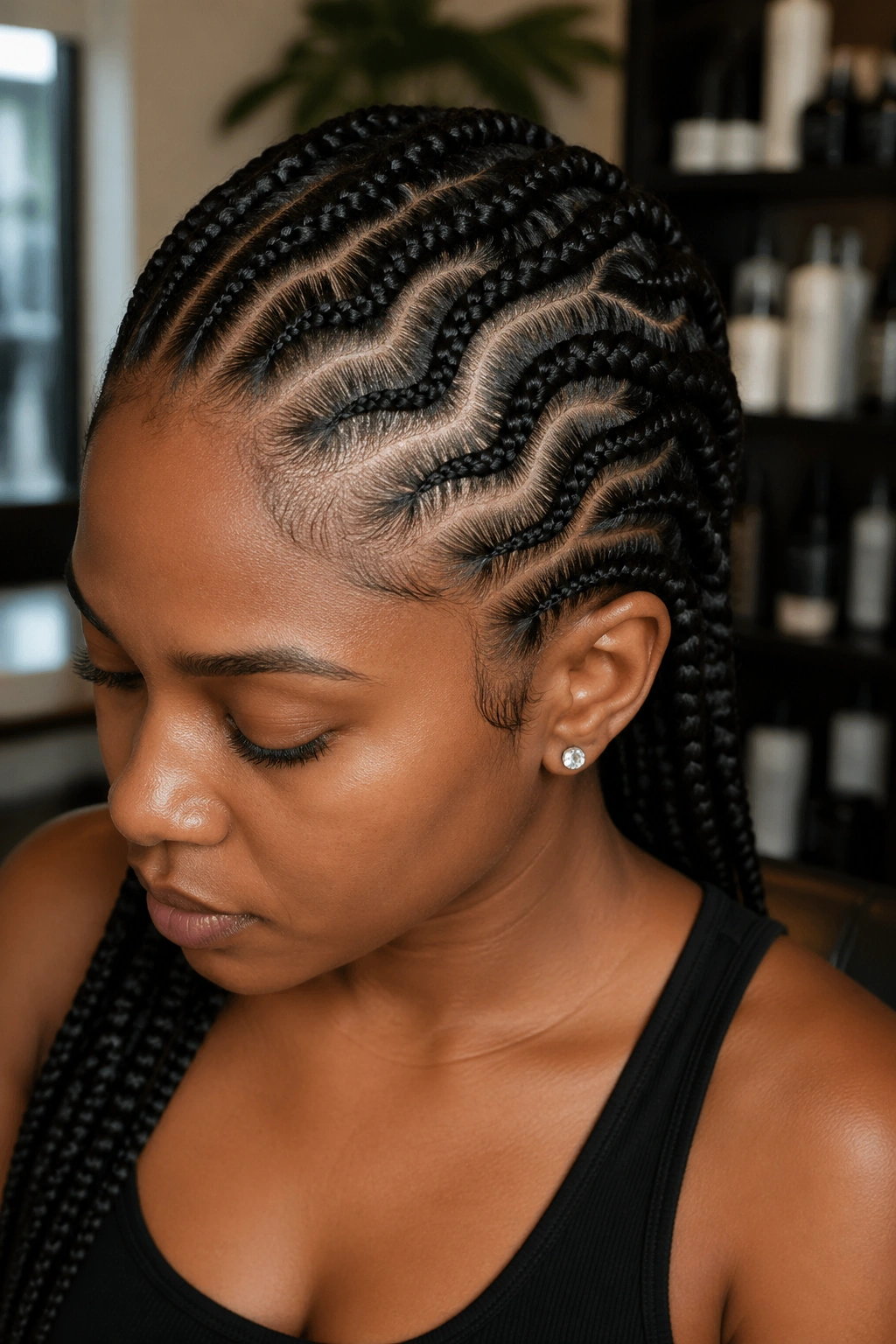 Close-up of a real woman with organic curved cornrows on the scalp