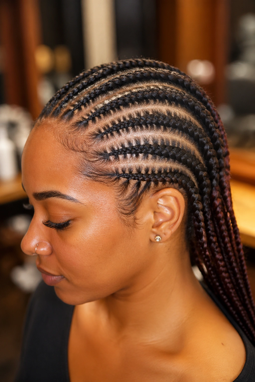 Real person with short cornrows showing freehand and feed-in lengths