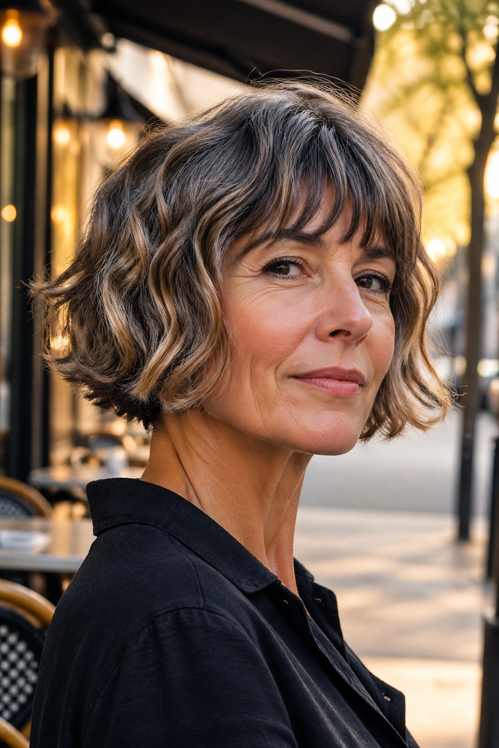 Close-up of a real woman with a jaw-length French bob bend in golden hour outdoor light