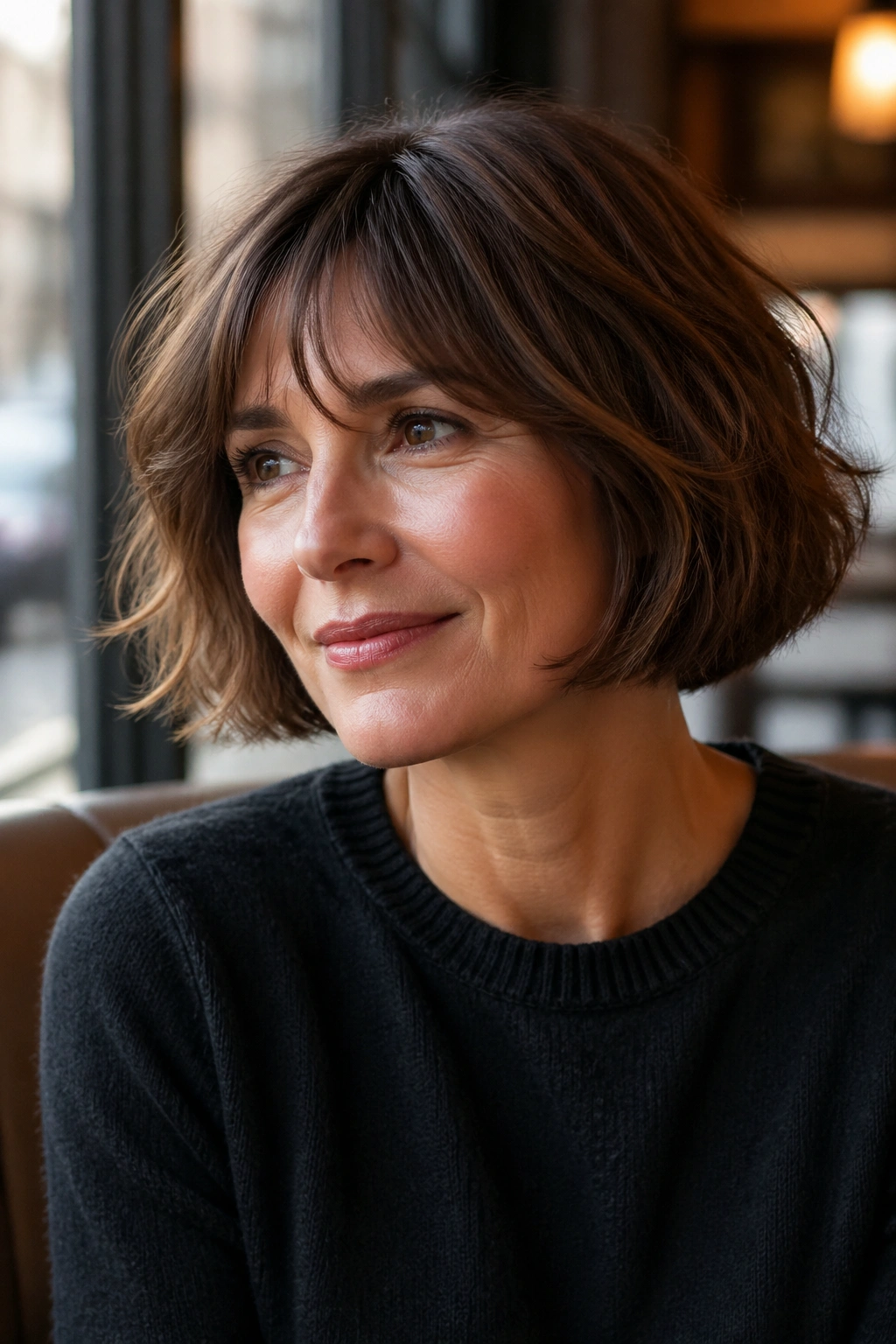 Close-up of a woman with a chin-length French bob with soft movement in cafe window light