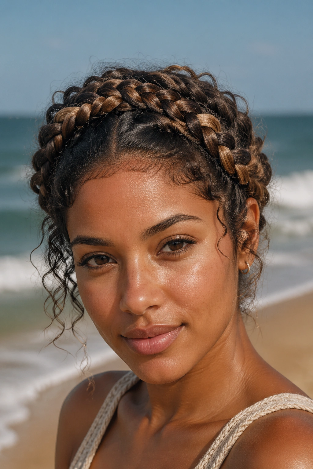 Close-up portrait of a real woman with a French braid crown at the beach