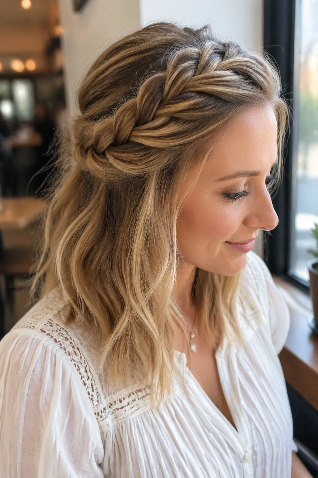 Real woman with a loose diagonal French braid across the crown.