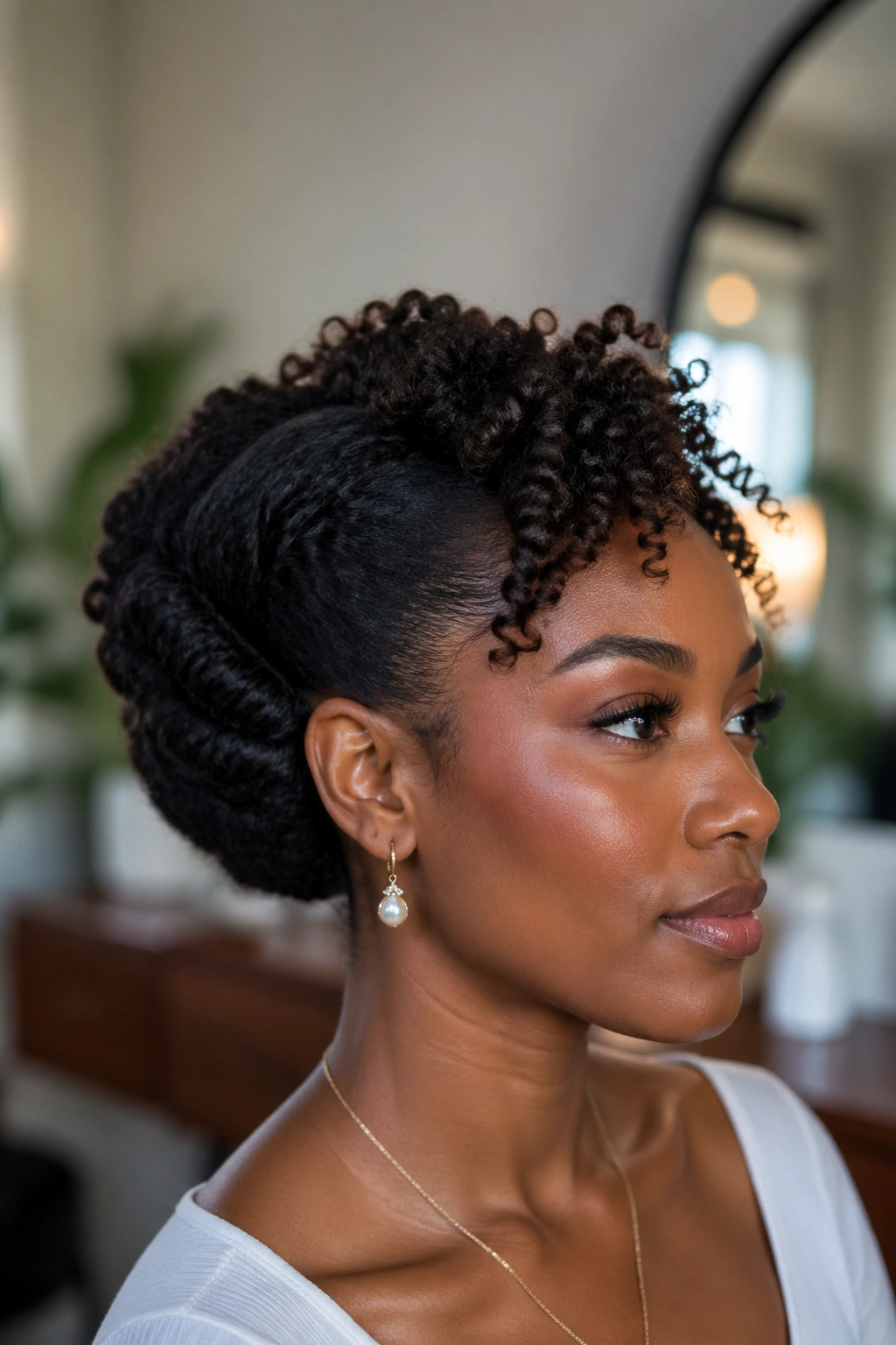Close-up of a real woman with a side-tilted French twist on curly hair