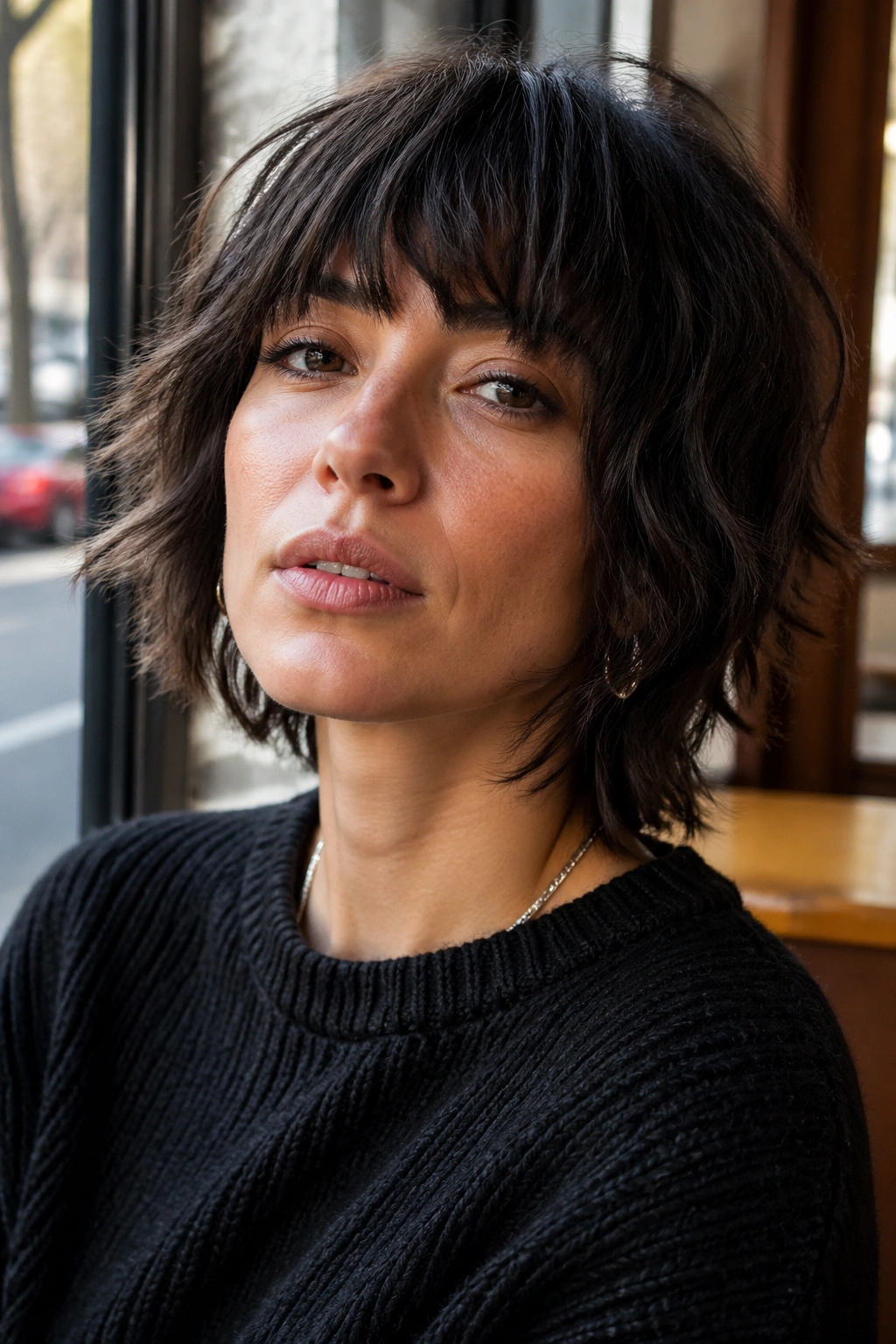Portrait of a person with bold textured shag and dramatic fringe in cafe window light