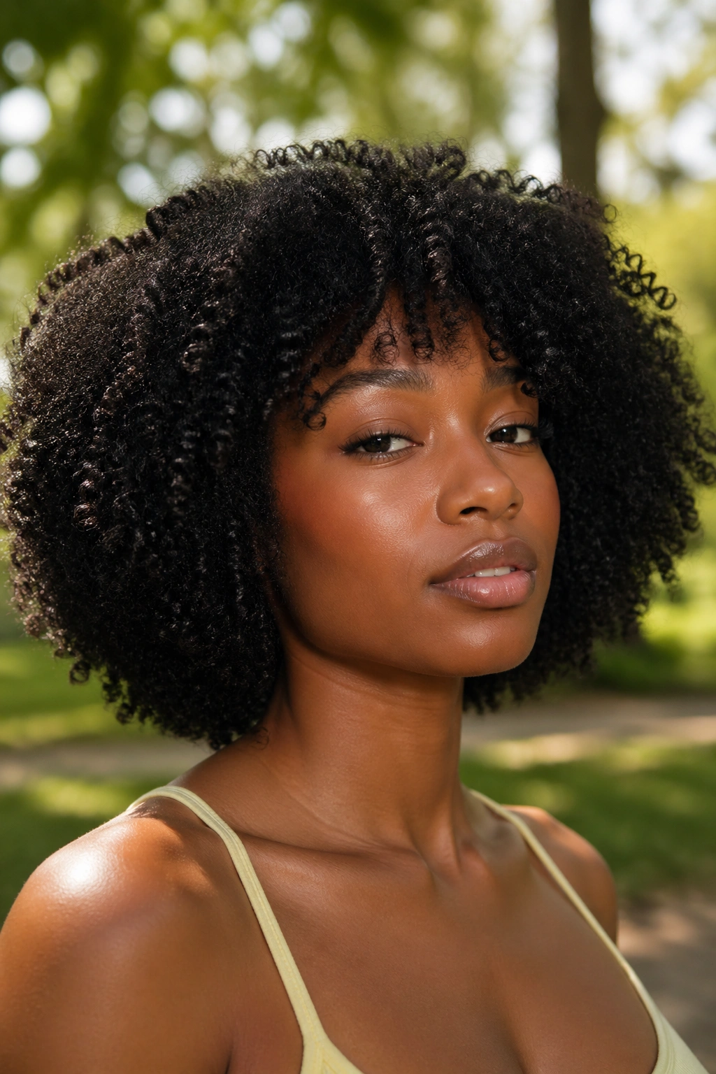 Close-up of a real woman with a voluminous fro-bob hairstyle