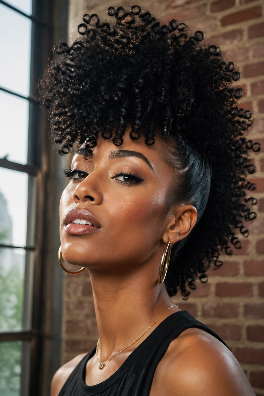Portrait of a real person with a dramatic curly frohawk featuring towering center curls and slicked sides