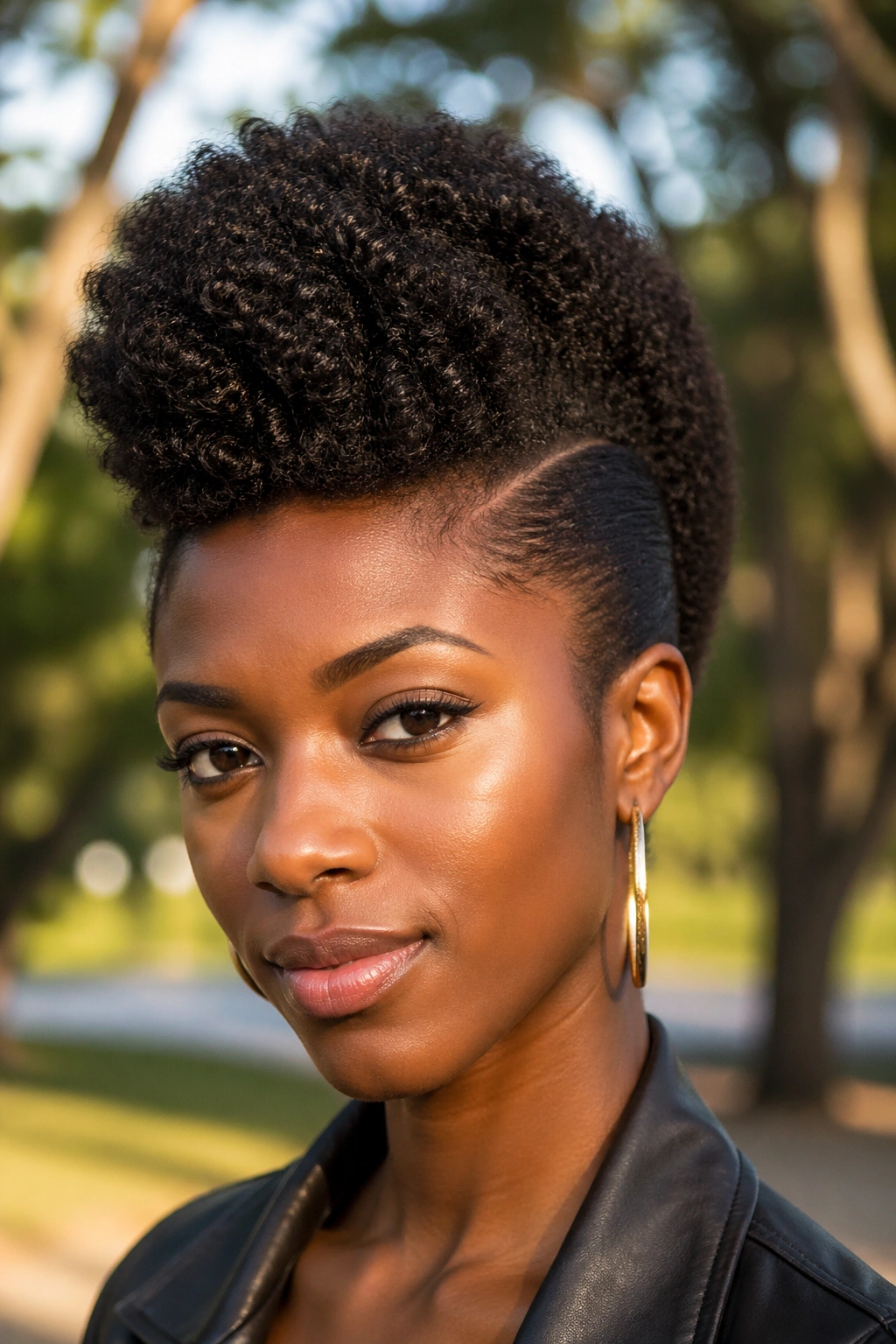 Close-up of a real woman's Frohawk hairstyle with a tall center ridge and flat sides.