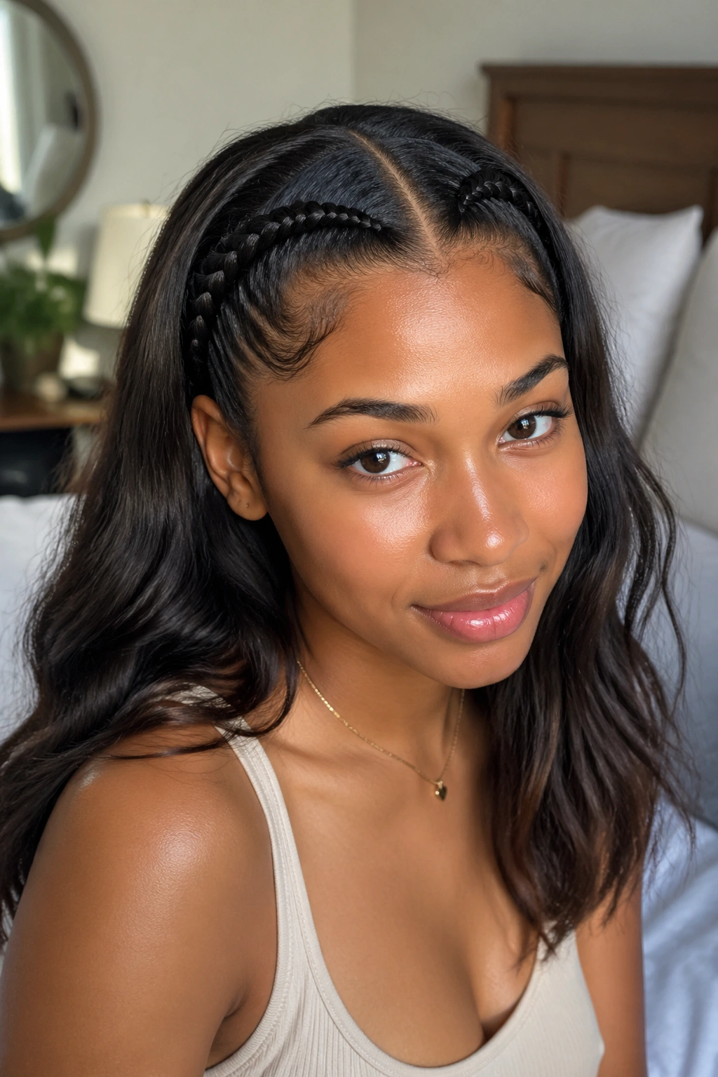 Close-up portrait of a real person with two front cornrows and loose hair behind.