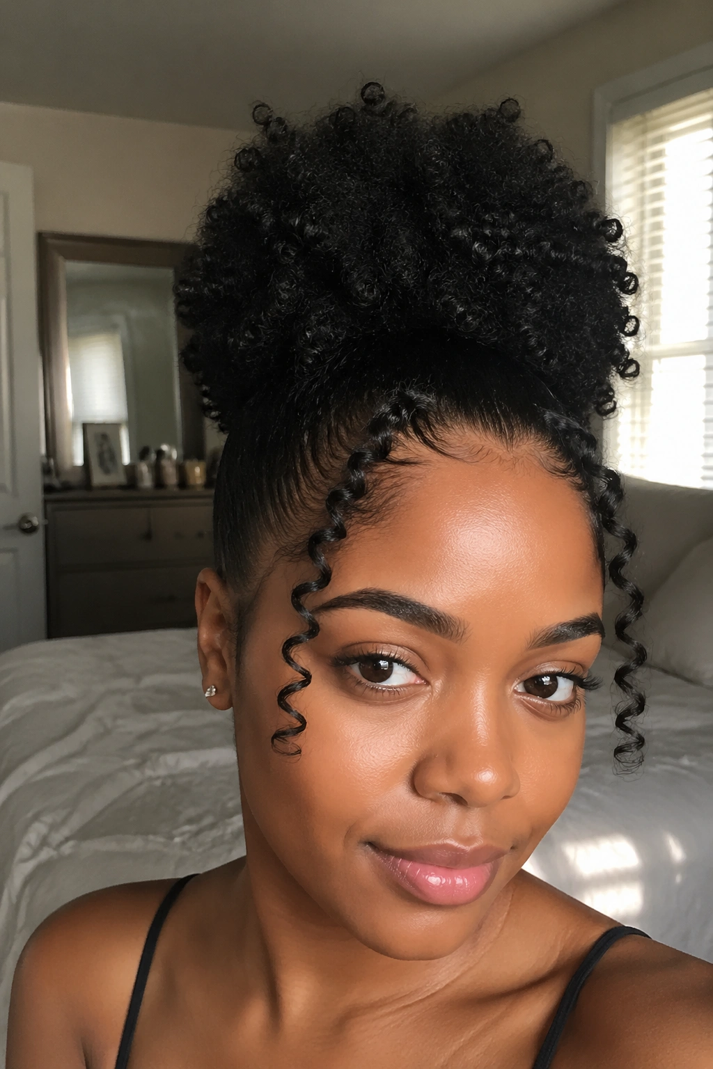 Close-up of a real woman with defined front curls framing the face and a back puff