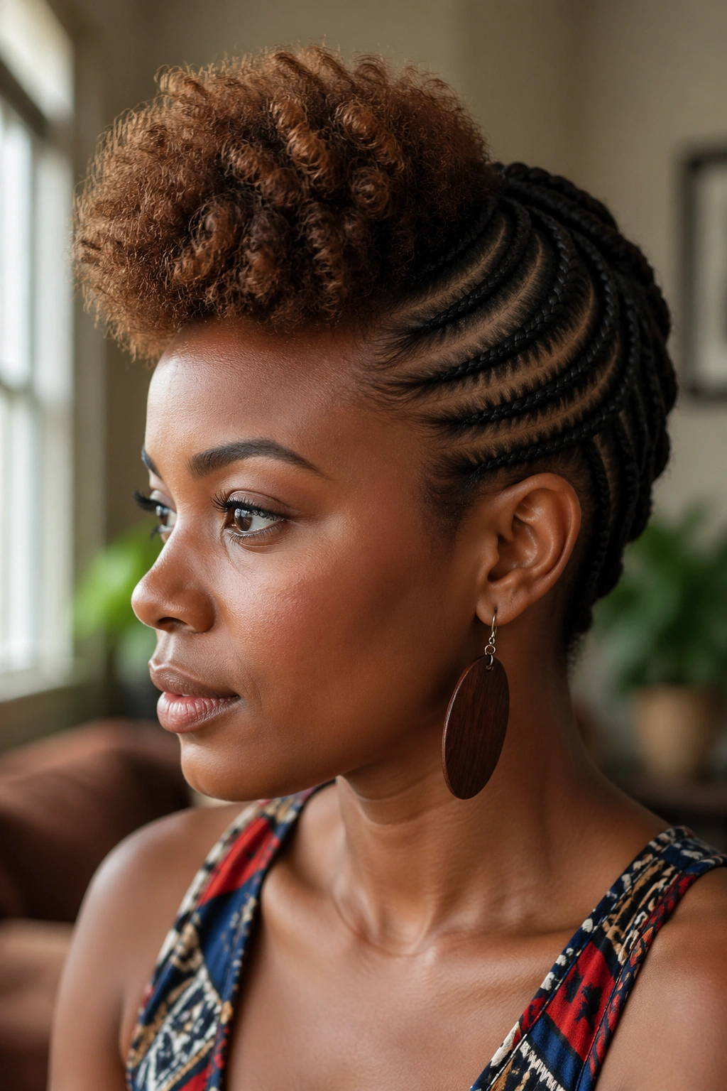 Close-up of a real woman with a front puff and braided back hairstyle