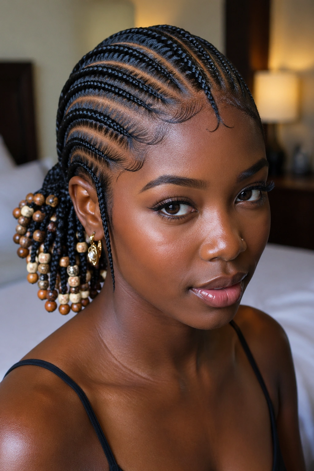 Fulani-inspired beaded cornrow updo on a real woman