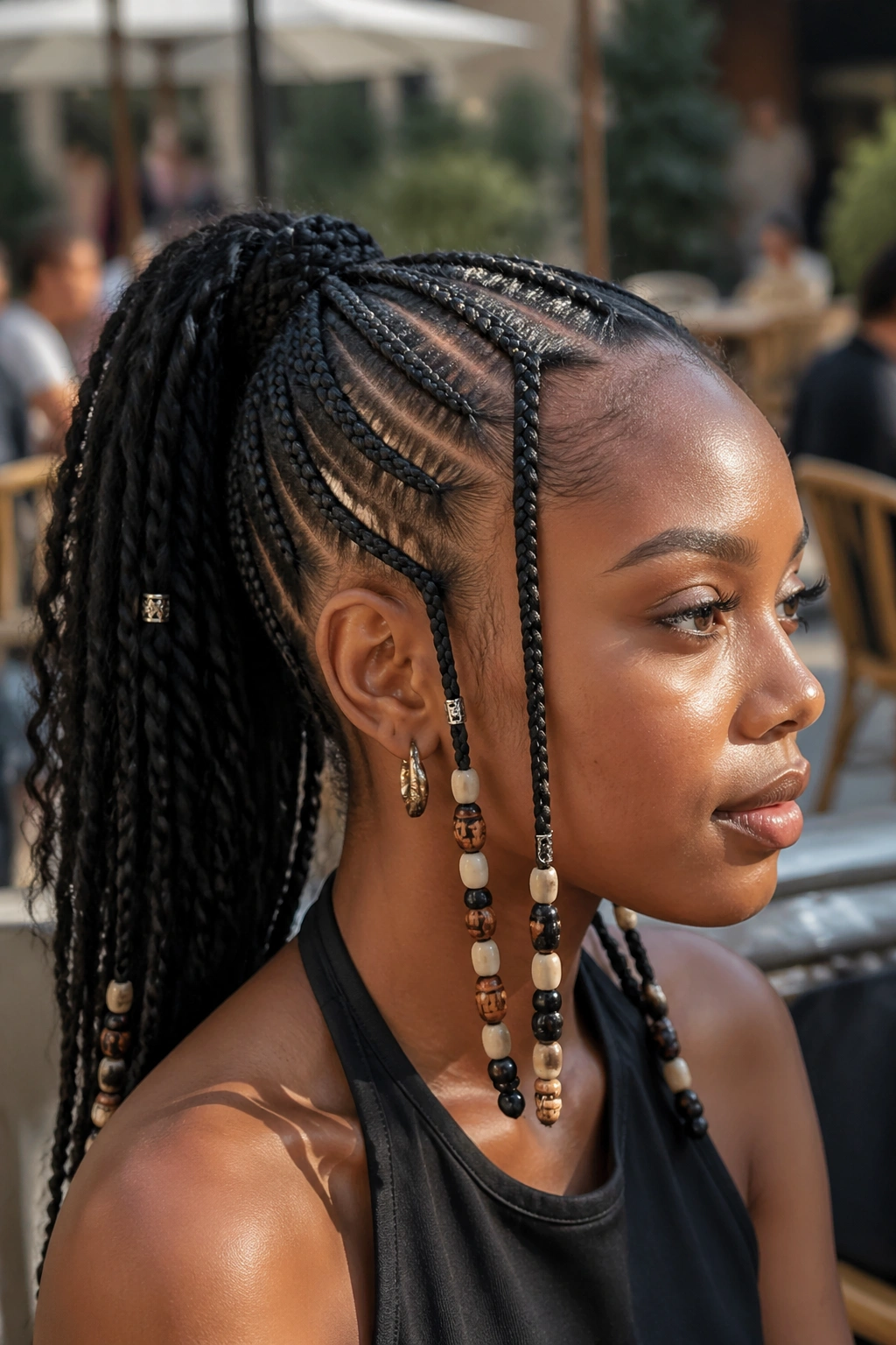 Close-up of a real Black woman with Fulani-inspired braided ponytail with beads.