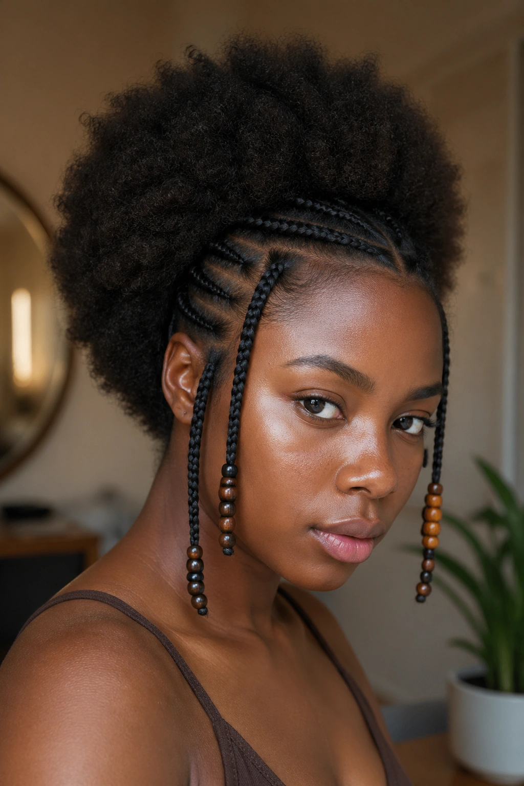 Real woman's head with center afro and side Fulani-inspired braids