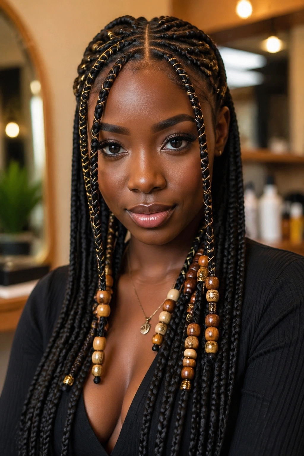 Close-up of a real woman wearing Fulani braids with beads and thread