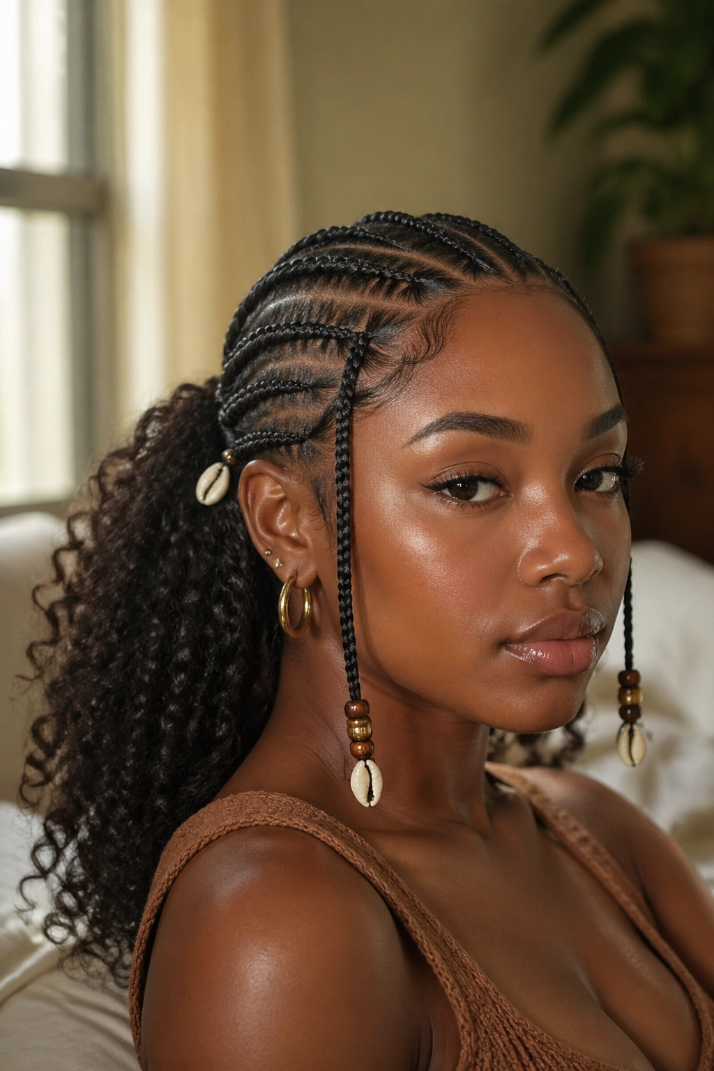 Close-up of a real person wearing Fulani front braids with curls behind