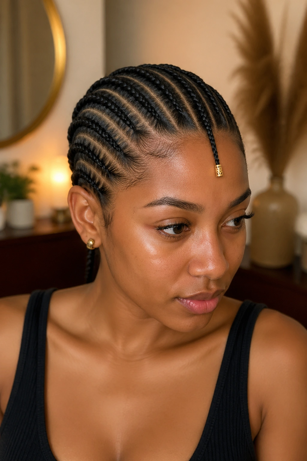 Close-up of straight back cornrows with a central Fulani braid and gold accent bead