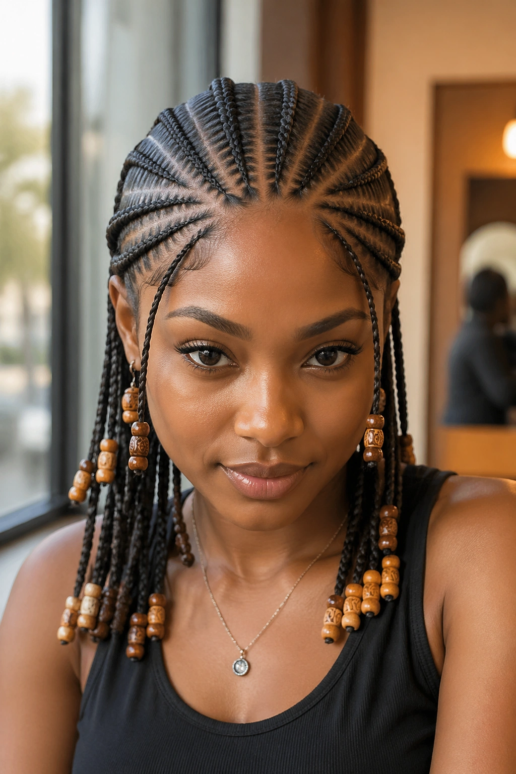 Close-up of a Black woman's Fulani-inspired cornrows with beads, center spine and outward side braids