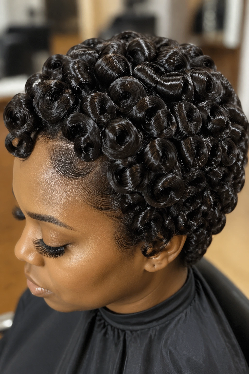 Close-up of a real woman wearing a full head pin curl set on silk-pressed hair.