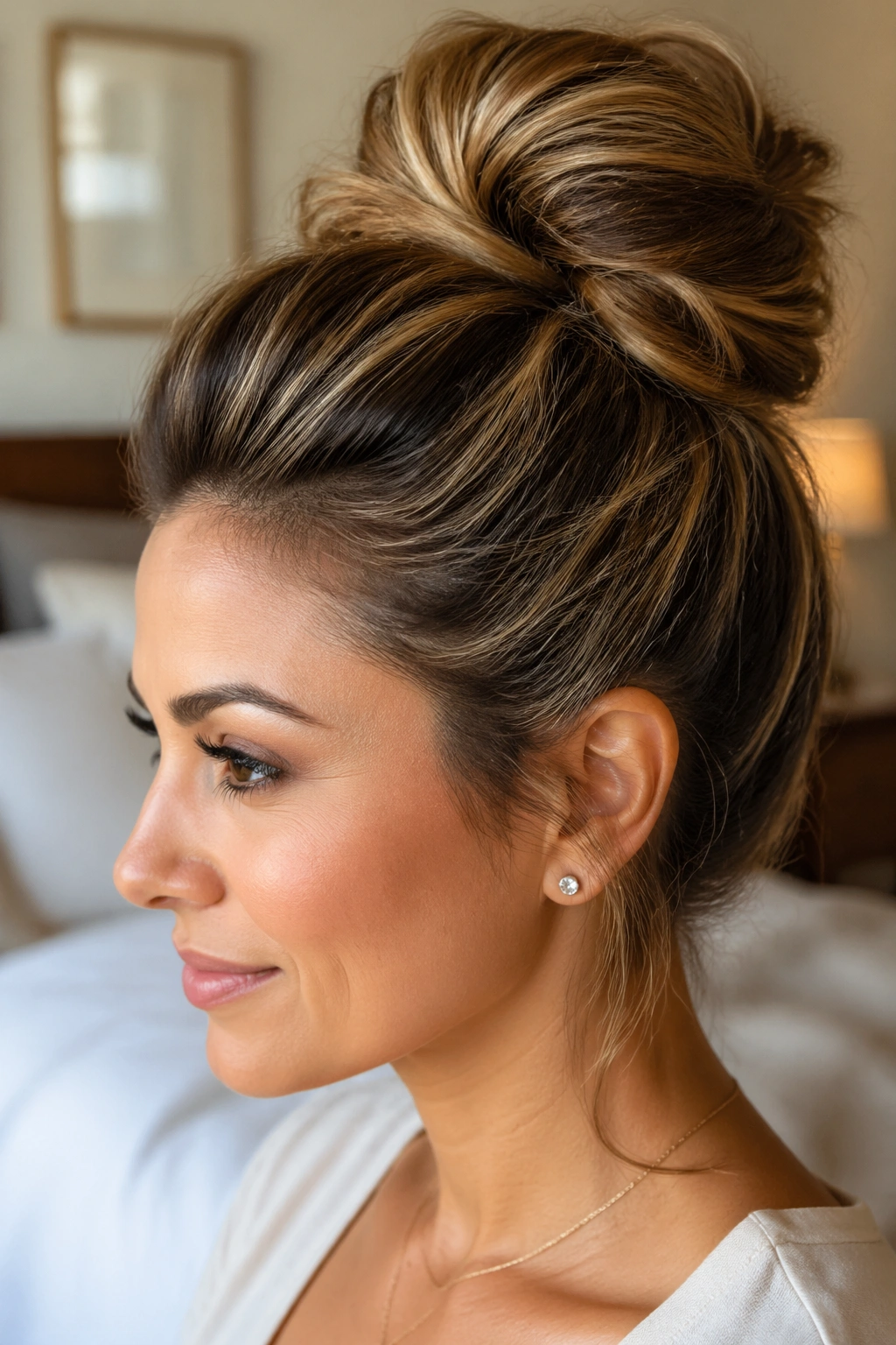 Close-up portrait of a real woman with a high voluminous bun in warm window light