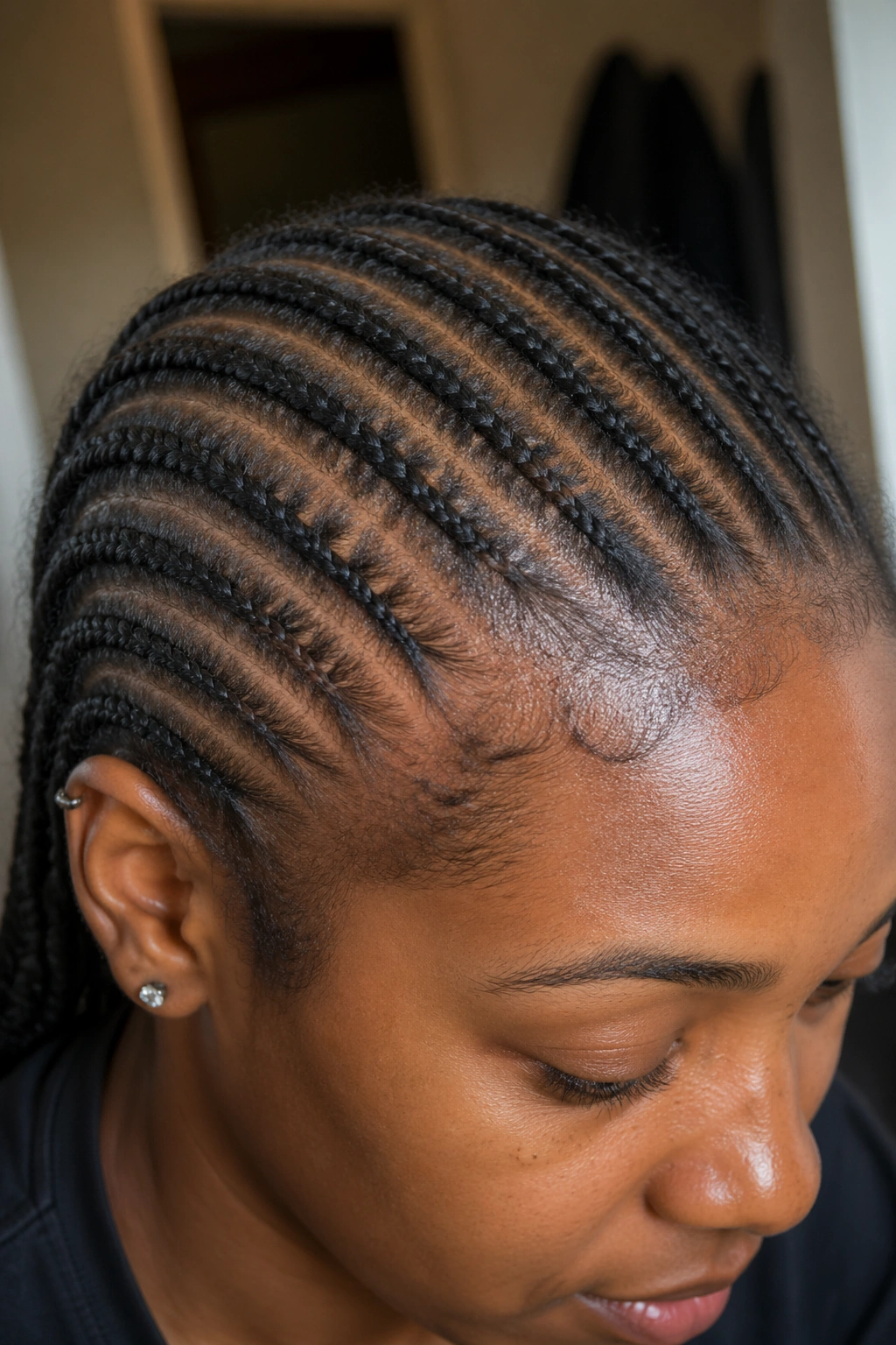 Real person with cornrows showing wear at the hairline