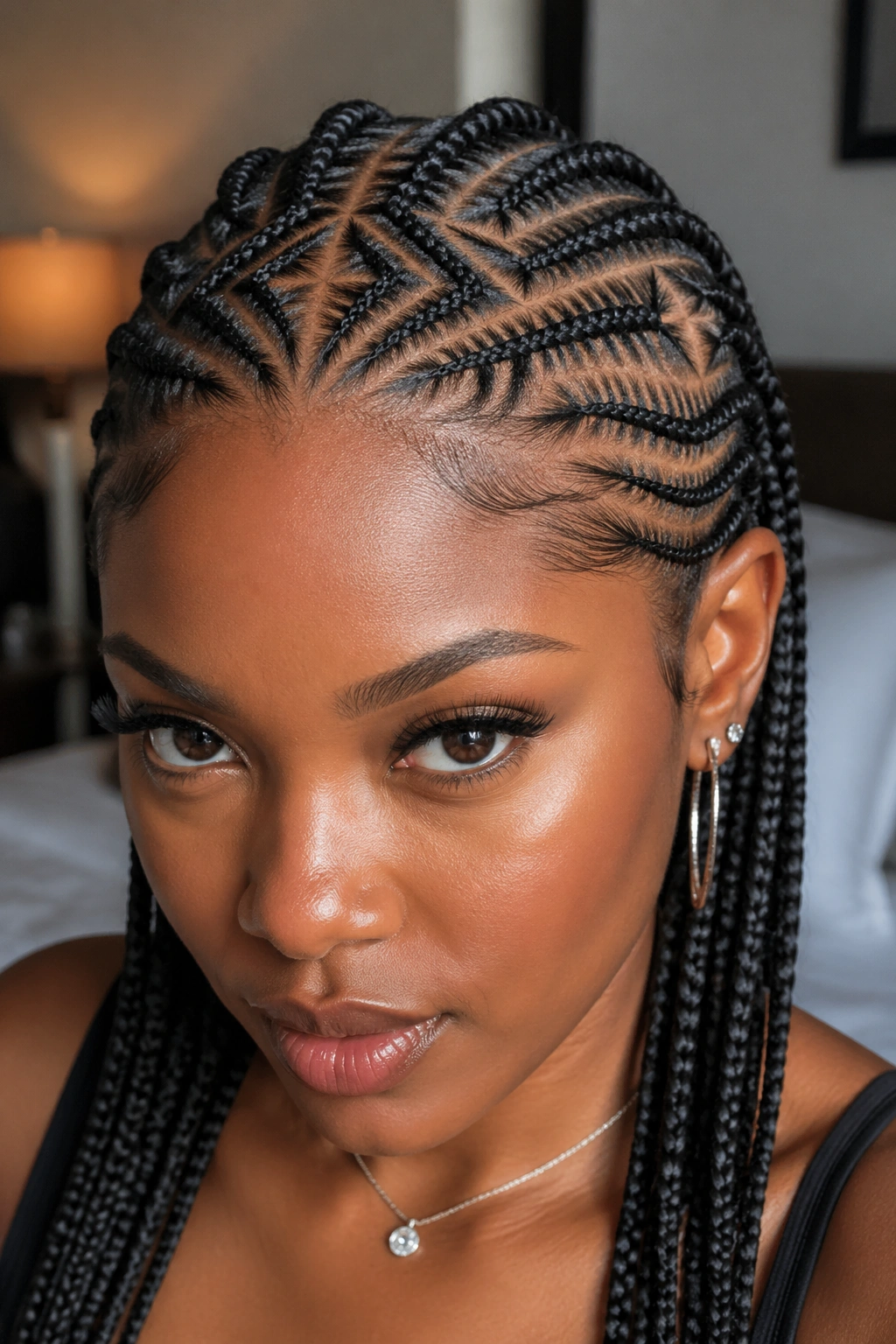 Close-up of a real woman with geometric cornrow patterns