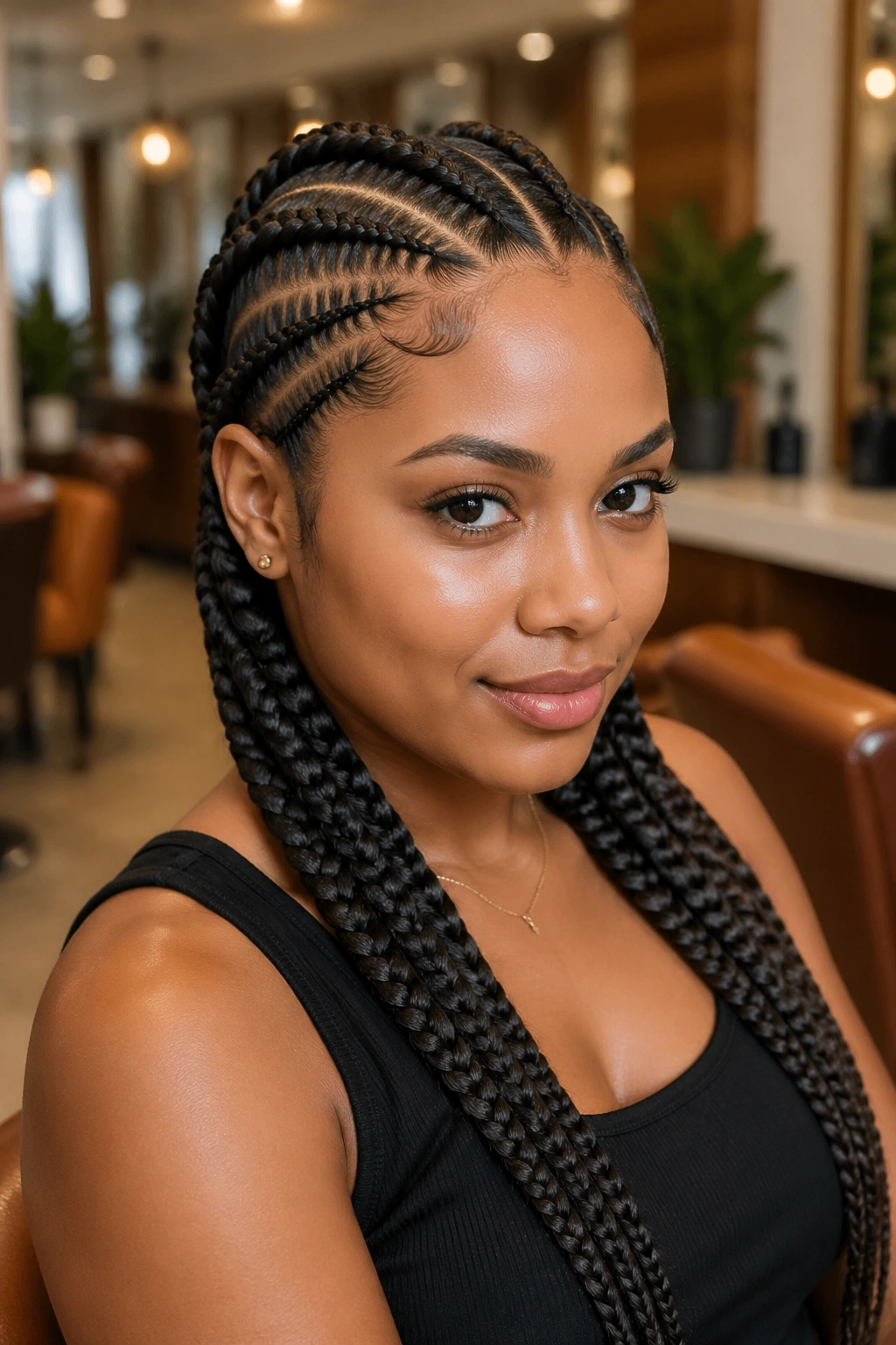 Close-up of a real Black woman with Ghana braids and cornrow accents